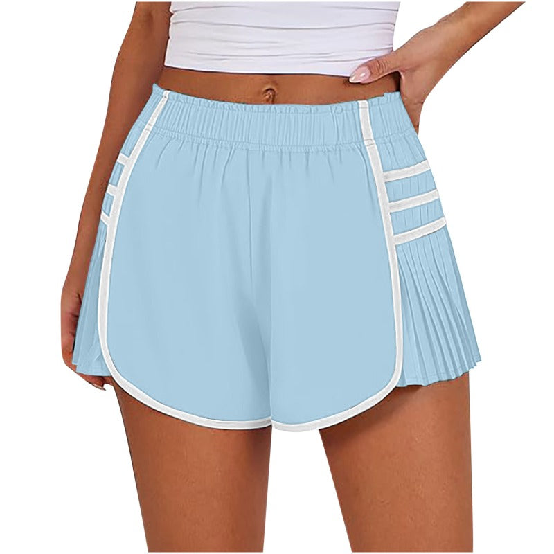 Womens Workout Gym Shorts Running Pleated Contrast Stitch Elastic Waist Athletic Quick Dry Shorts