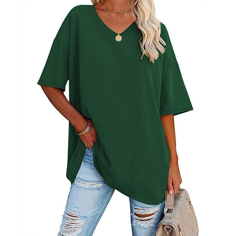 Womens Oversized T Shirts Summer Loose Fit Cotton Short Sleeve Basic Tees Casual V Neck Boyfriend Tunic Tops