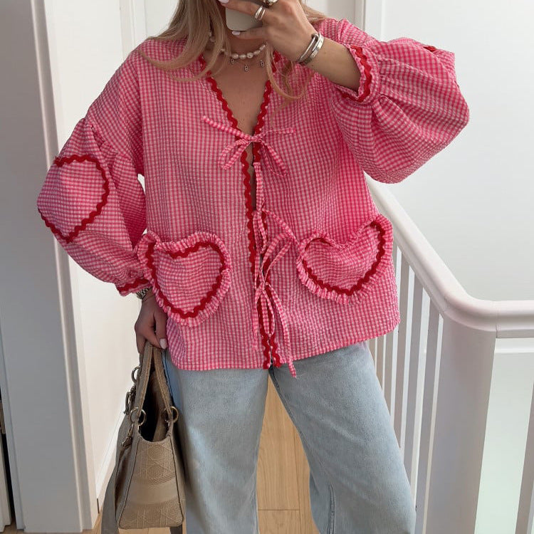 Women's V-Neck Shirt With Heart-Shaped Pockets And Ties Long Sleeve Loose Tops