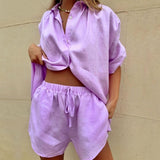 Women's Solid Color Single-Breasted Short-Sleeved Shirt Shorts Loose Fashion Casual Sets