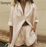 Women's Solid Color Single-Breasted Short-Sleeved Shirt Shorts Loose Fashion Casual Sets