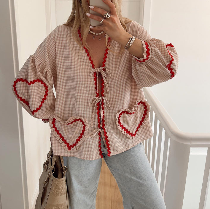 Women's V-Neck Shirt With Heart-Shaped Pockets And Ties Long Sleeve Loose Tops