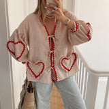 Women's V-Neck Shirt With Heart-Shaped Pockets And Ties Long Sleeve Loose Tops
