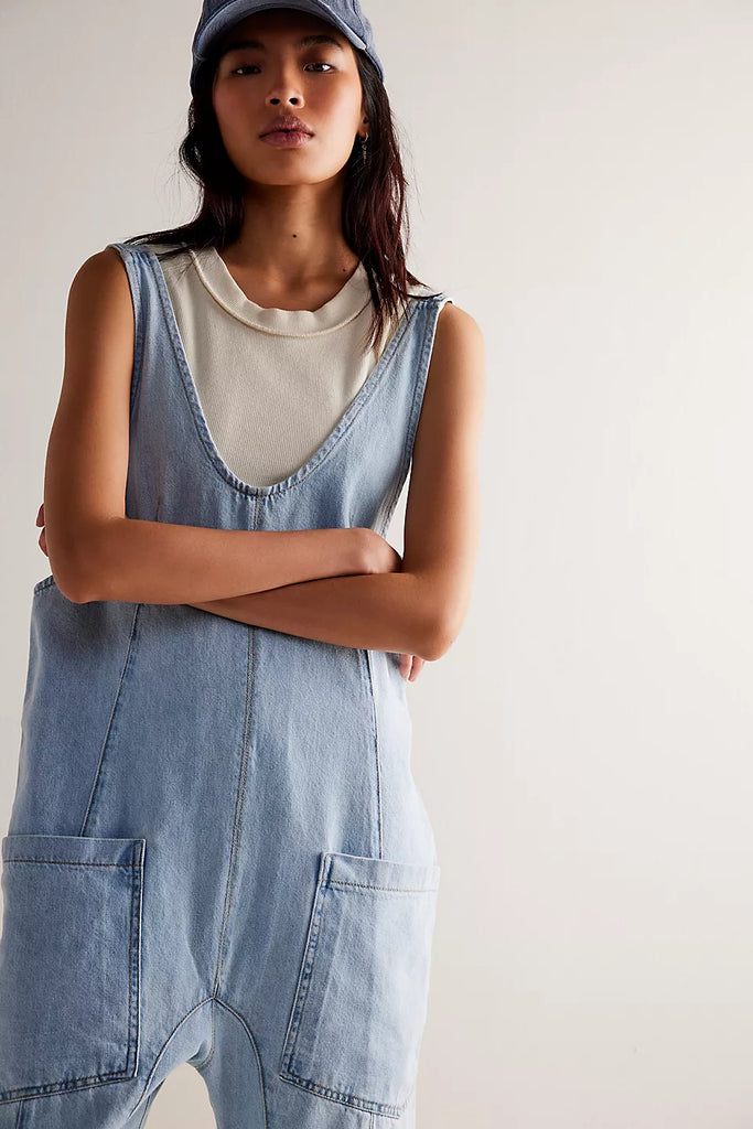 Women's V-Neck Casual Overalls Denim Jumpsuit With Pocket