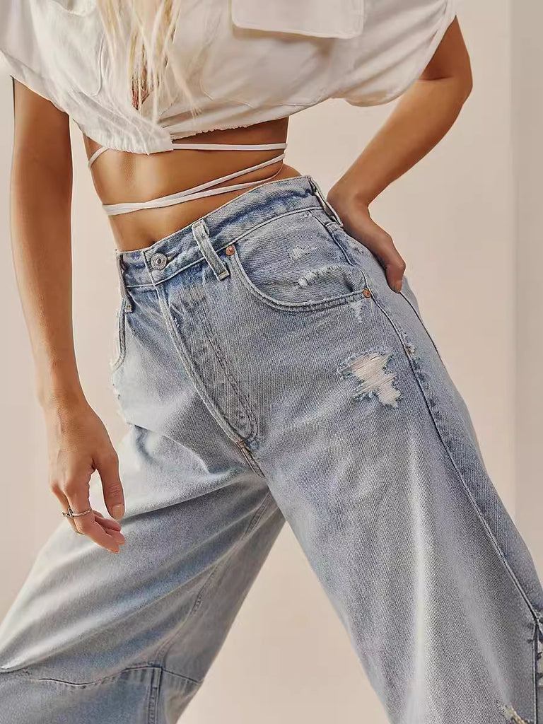Women's High Waist Loose Raw Edge Jeans