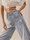 Women's High Waist Loose Raw Edge Jeans