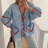 Women's V-Neck Shirt With Heart-Shaped Pockets And Ties Long Sleeve Loose Tops