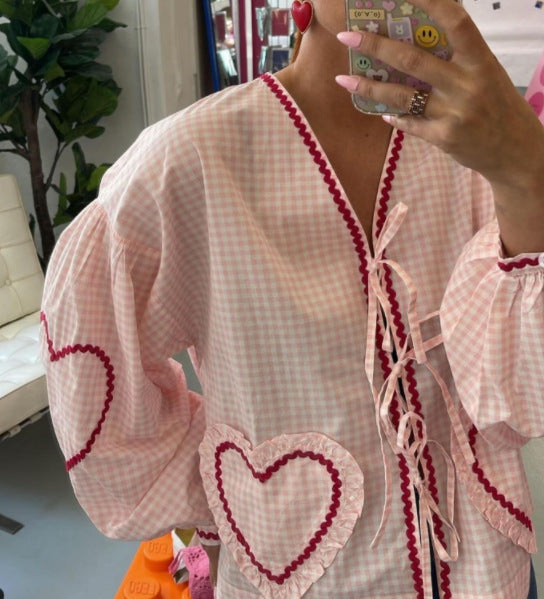 Women's V-Neck Shirt With Heart-Shaped Pockets And Ties Long Sleeve Loose Tops