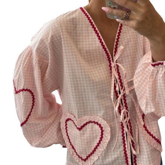 Women's V-Neck Shirt With Heart-Shaped Pockets And Ties Long Sleeve Loose Tops
