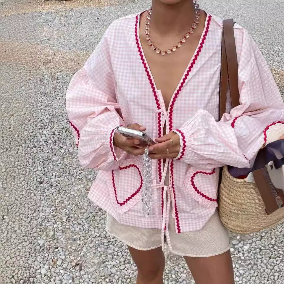 Women's V-Neck Shirt With Heart-Shaped Pockets And Ties Long Sleeve Loose Tops