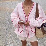 Women's V-Neck Shirt With Heart-Shaped Pockets And Ties Long Sleeve Loose Tops