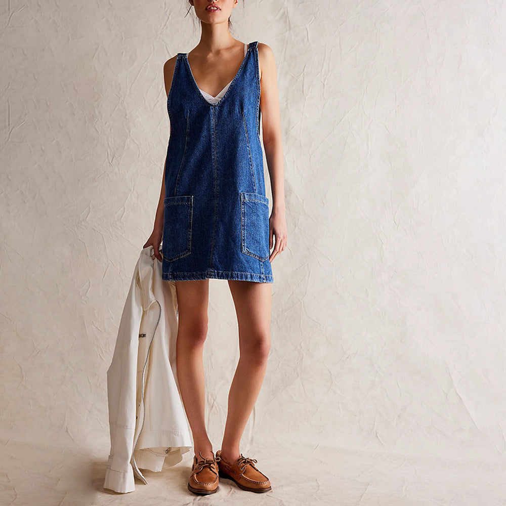 Women's Denim Suspender Pocket Adjustable Mini Dresses