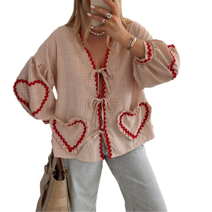Women's V-Neck Shirt With Heart-Shaped Pockets And Ties Long Sleeve Loose Tops