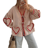 Women's V-Neck Shirt With Heart-Shaped Pockets And Ties Long Sleeve Loose Tops