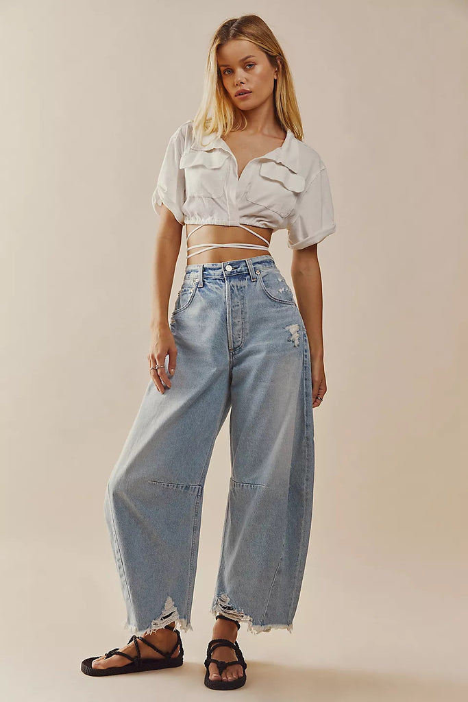 Women's High Waist Loose Raw Edge Jeans