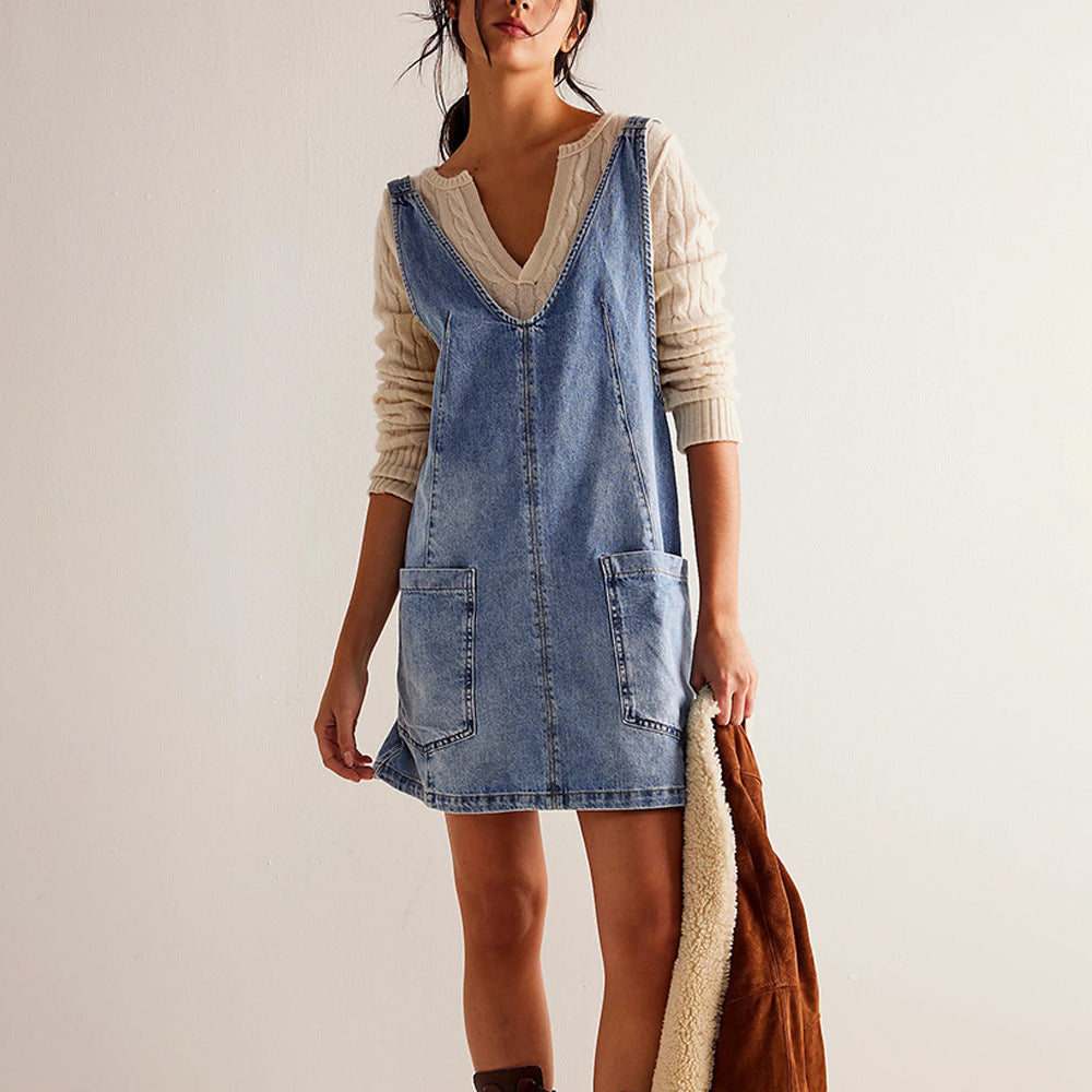 Women's Denim Suspender Pocket Adjustable Mini Dresses