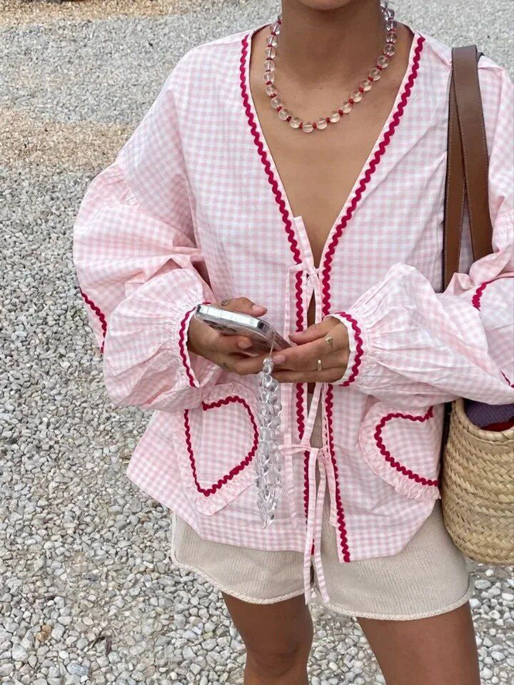 Women's V-Neck Shirt With Heart-Shaped Pockets And Ties Long Sleeve Loose Tops