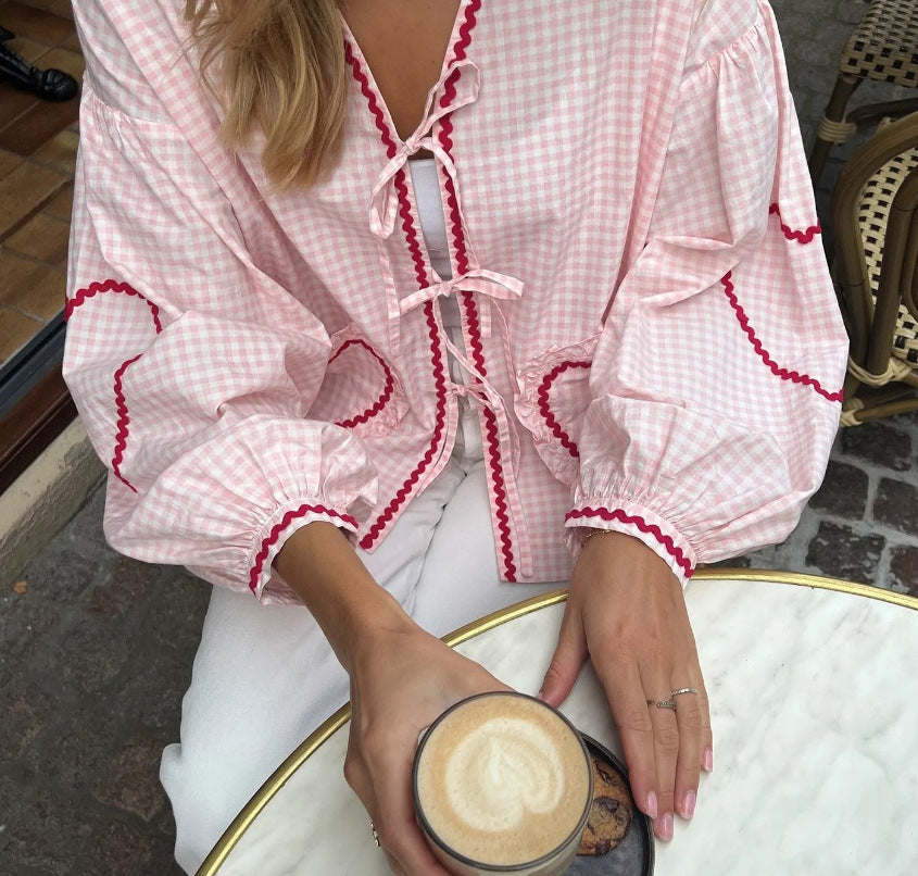 Women's V-Neck Shirt With Heart-Shaped Pockets And Ties Long Sleeve Loose Tops