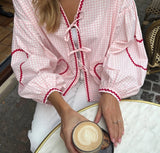 Women's V-Neck Shirt With Heart-Shaped Pockets And Ties Long Sleeve Loose Tops