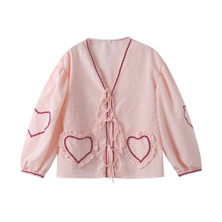 Women's V-Neck Shirt With Heart-Shaped Pockets And Ties Long Sleeve Loose Tops