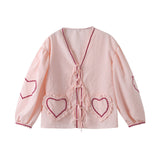 Women's V-Neck Shirt With Heart-Shaped Pockets And Ties Long Sleeve Loose Tops