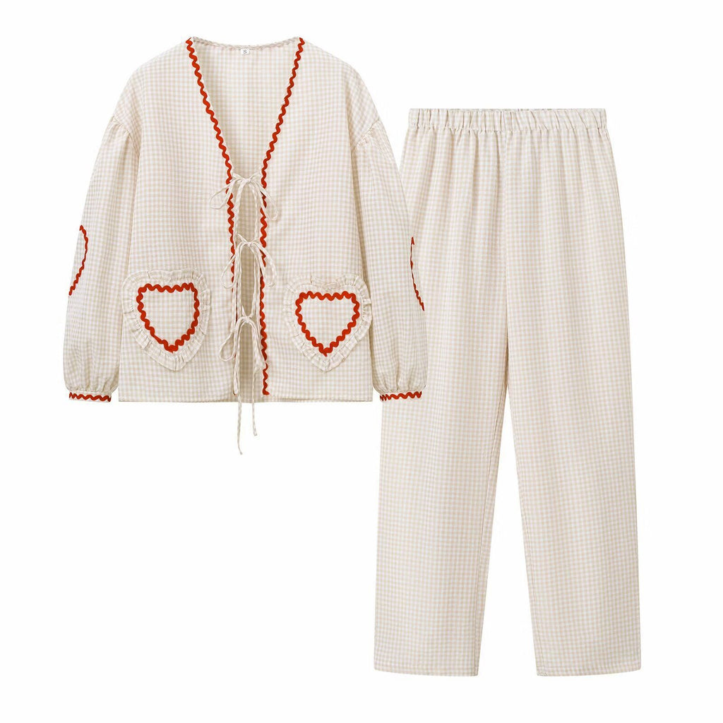 Women's V-Neck Shirt With Heart-Shaped Pockets And Ties Long Sleeve Loose Tops