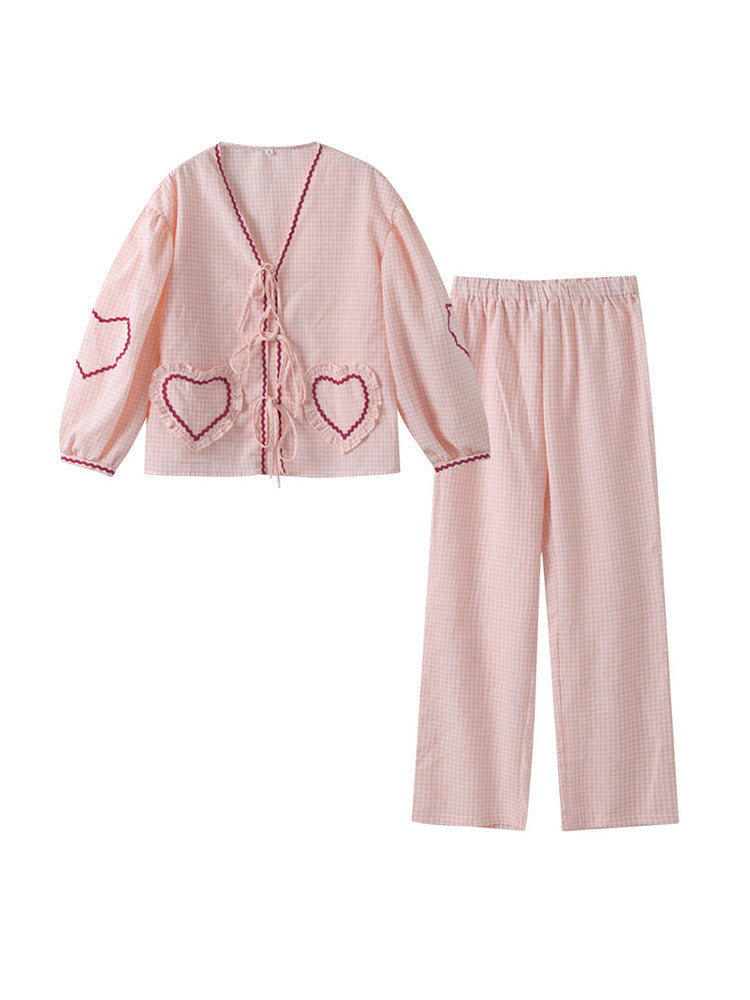 Women's V-Neck Shirt With Heart-Shaped Pockets And Ties Long Sleeve Loose Tops