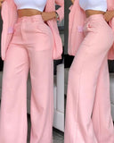 Women's Elegant Solid Color Split Sleeve Lapel Suit Pocket Straight Pants Sets