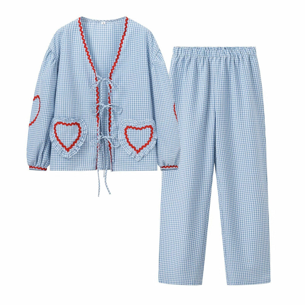 Women's V-Neck Shirt With Heart-Shaped Pockets And Ties Long Sleeve Loose Tops