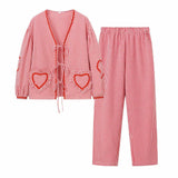 Women's V-Neck Shirt With Heart-Shaped Pockets And Ties Long Sleeve Loose Tops