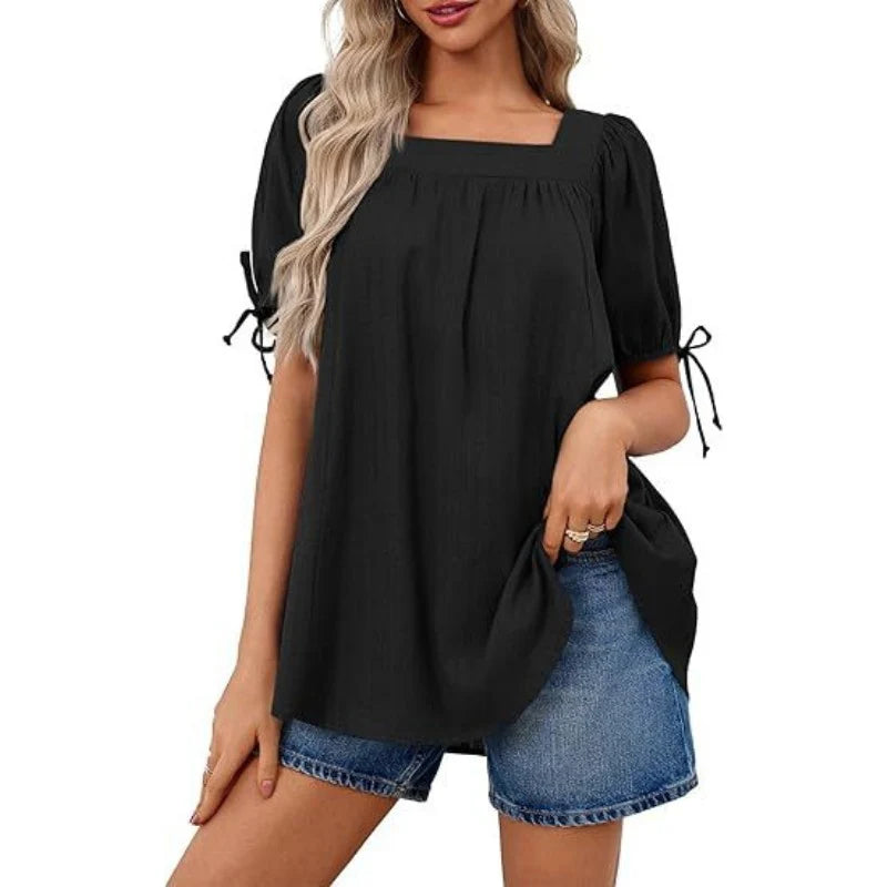 Womens Square Neck Babydoll Tops Summer Puff Short Sleeve Tunic Shirts Casual Loose Fit Blouse