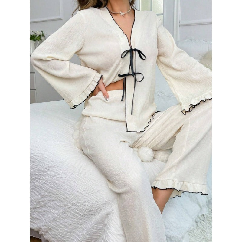 Women's V-Neck Lace-Up Cloth Cardigan Long Sleeve Pants Pajamas Loungewear Sets