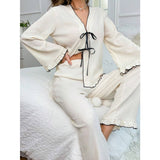Women's V-Neck Lace-Up Cloth Cardigan Long Sleeve Pants Pajamas Loungewear Sets