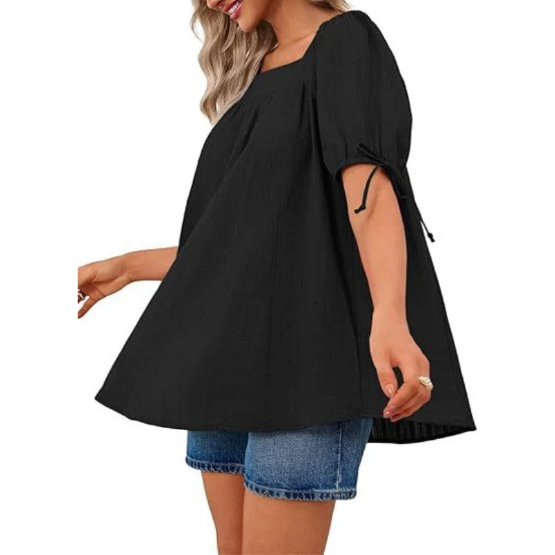 Womens Square Neck Babydoll Tops Summer Puff Short Sleeve Tunic Shirts Casual Loose Fit Blouse