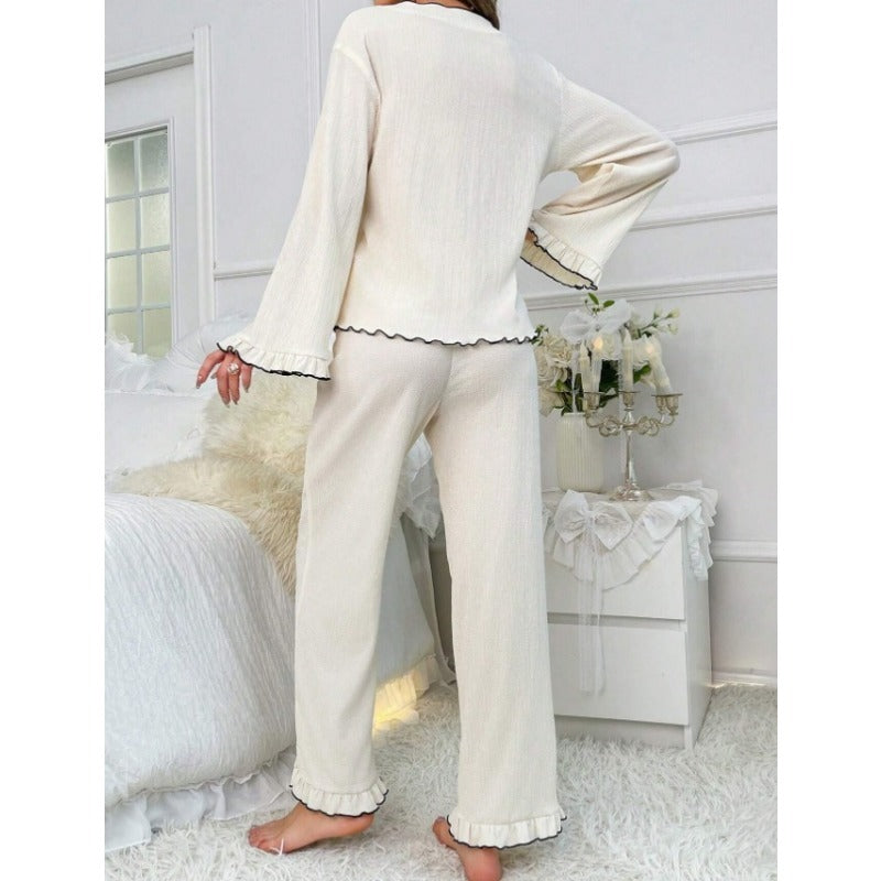 Women's V-Neck Lace-Up Cloth Cardigan Long Sleeve Pants Pajamas Loungewear Sets