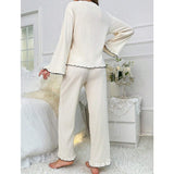 Women's V-Neck Lace-Up Cloth Cardigan Long Sleeve Pants Pajamas Loungewear Sets