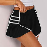 Womens Workout Gym Shorts Running Pleated Contrast Stitch Elastic Waist Athletic Quick Dry Shorts