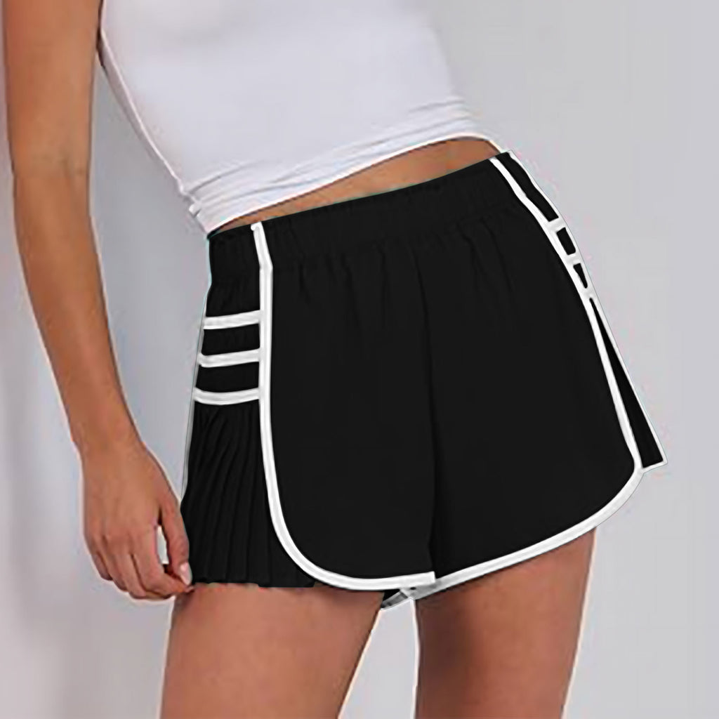 Womens Workout Gym Shorts Running Pleated Contrast Stitch Elastic Waist Athletic Quick Dry Shorts