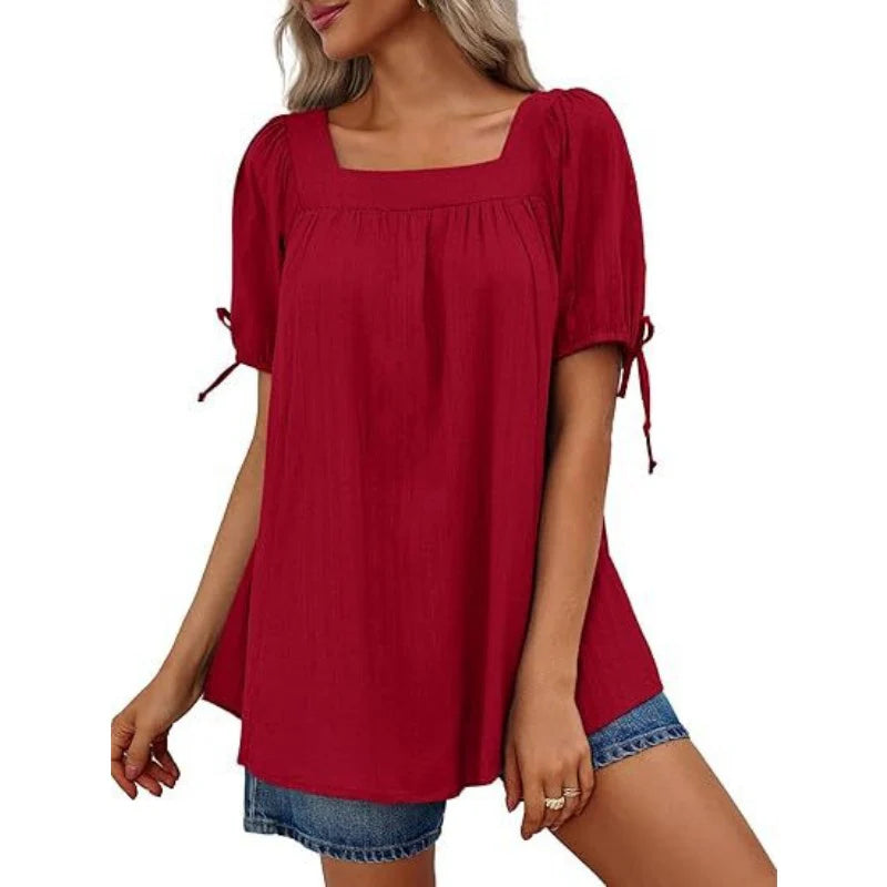 Womens Square Neck Babydoll Tops Summer Puff Short Sleeve Tunic Shirts Casual Loose Fit Blouse