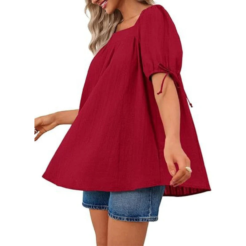 Womens Square Neck Babydoll Tops Summer Puff Short Sleeve Tunic Shirts Casual Loose Fit Blouse