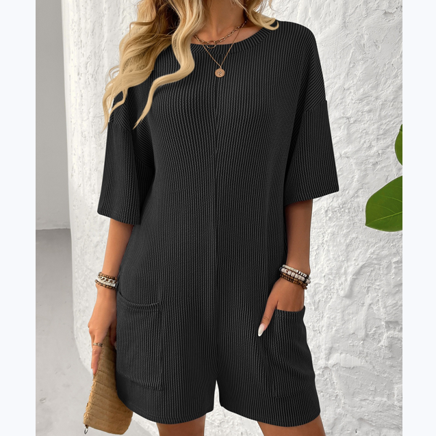 Women's Loose Pockets Back V-Neck Short Sleeve Jumpsuits
