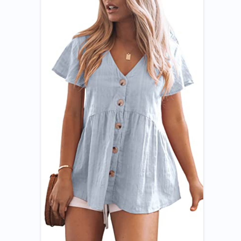 Womens Short Sleeve V Neck Blouse Button Down Shirt Loose Casual Ruffle Hem Babydoll Peplum Tops