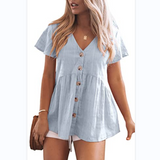 Womens Short Sleeve V Neck Blouse Button Down Shirt Loose Casual Ruffle Hem Babydoll Peplum Tops