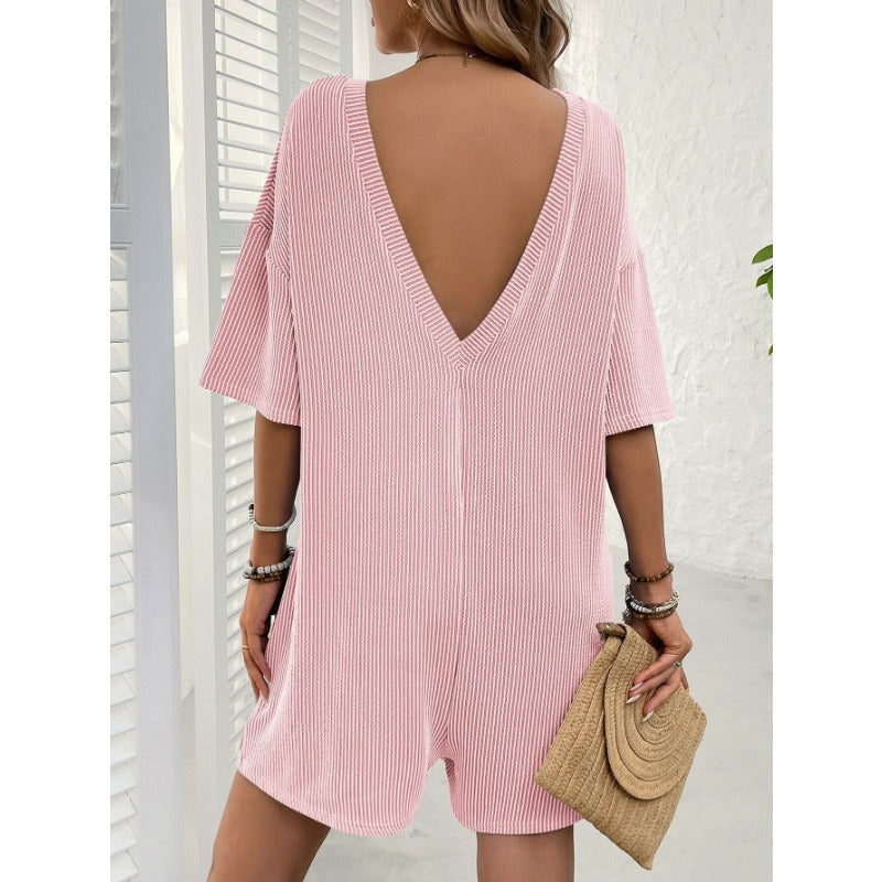 Women's Loose Pockets Back V-Neck Short Sleeve Jumpsuits