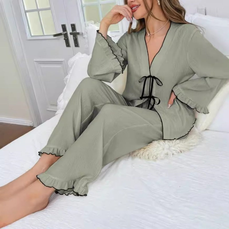Women's V-Neck Lace-Up Cloth Cardigan Long Sleeve Pants Pajamas Loungewear Sets