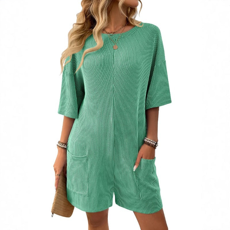 Women's Loose Pockets Back V-Neck Short Sleeve Jumpsuits