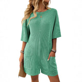 Women's Loose Pockets Back V-Neck Short Sleeve Jumpsuits