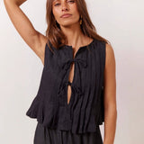 Women's Solid Color Cotton And Linen Pleated Strap-On Shirt