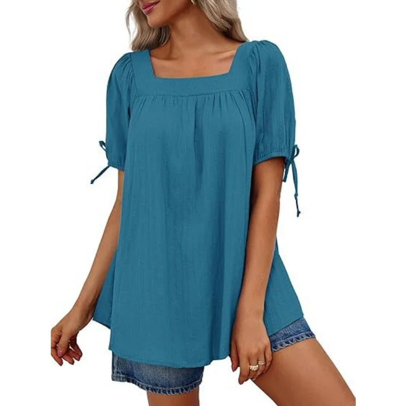 Womens Square Neck Babydoll Tops Summer Puff Short Sleeve Tunic Shirts Casual Loose Fit Blouse