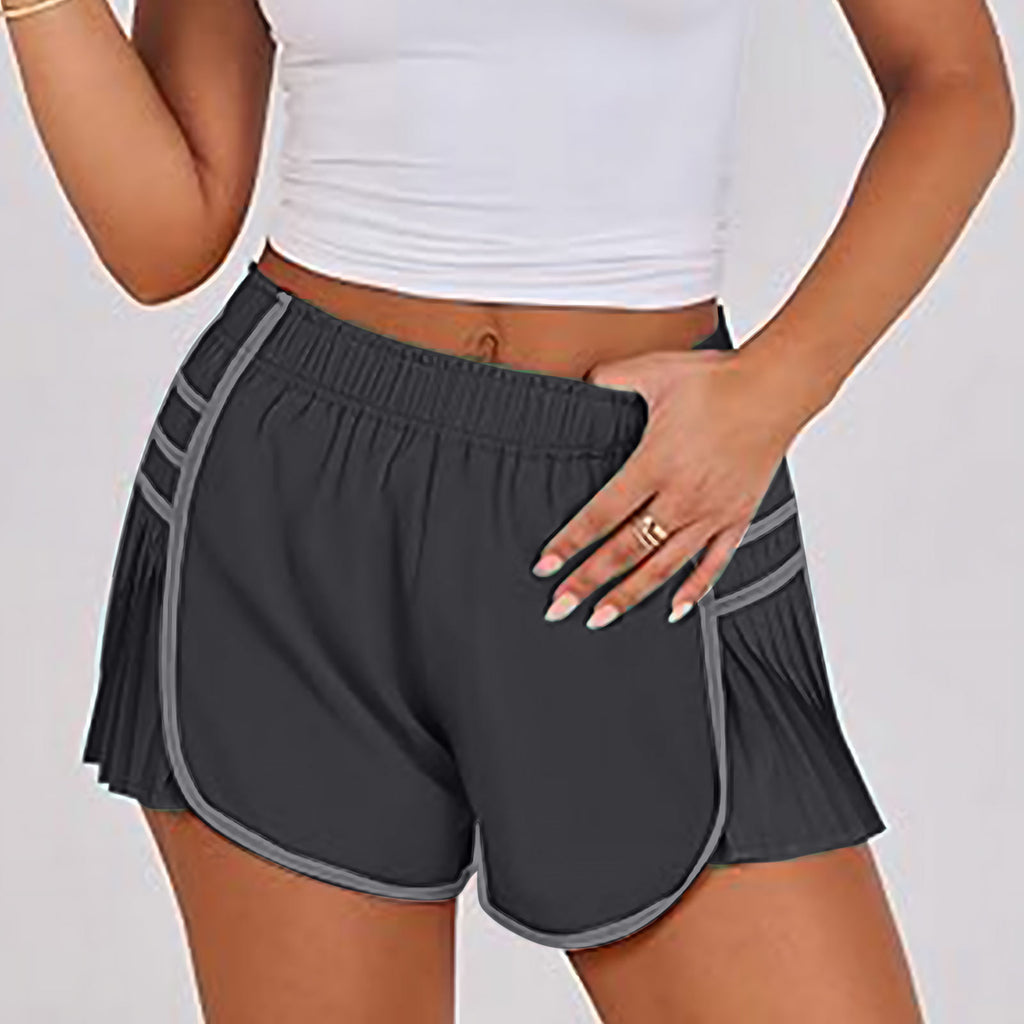 Womens Workout Gym Shorts Running Pleated Contrast Stitch Elastic Waist Athletic Quick Dry Shorts